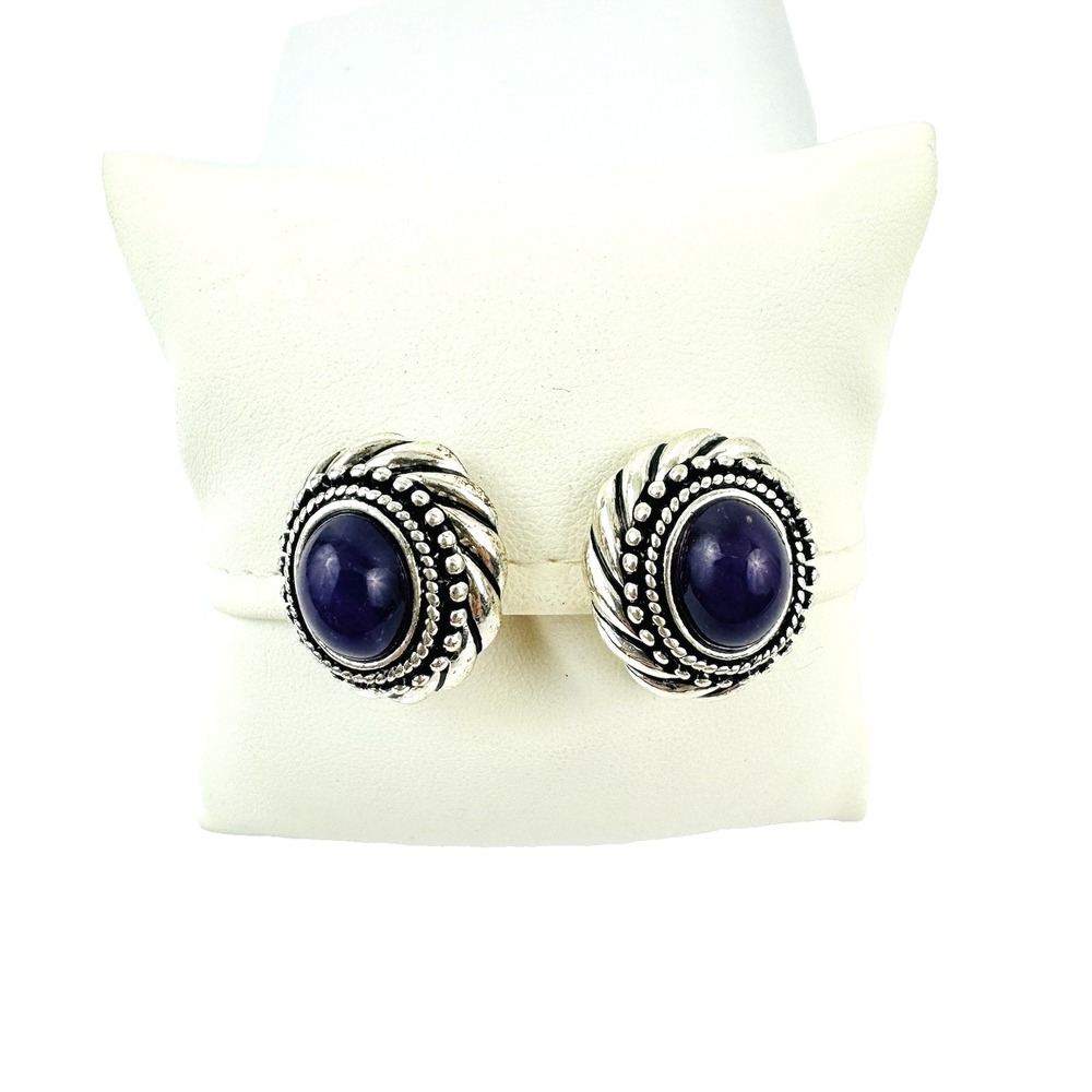 AVON Bold Amethyst Button Clip-on Earrings Purple Silver Vintage Statement